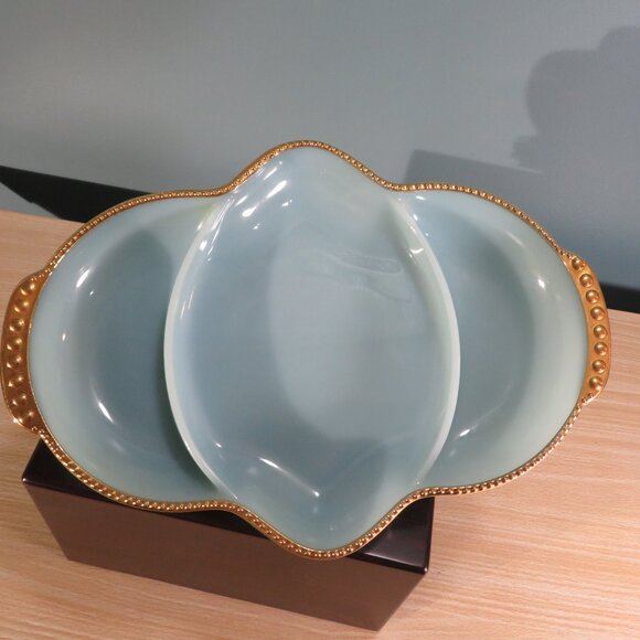 Vintage Fire King Delphite Blue and Gold Glass Oven Dish - Picture 3 of 9